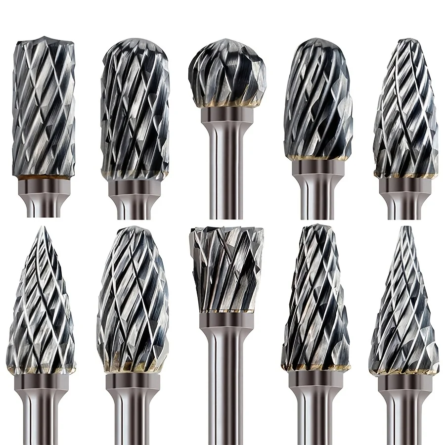 10pcs/1set Tungsten Carbide Burr Set, Double Cut Alloy Steel Grinding Heads, Compatible with Dremel Rotary Tools, for Wood