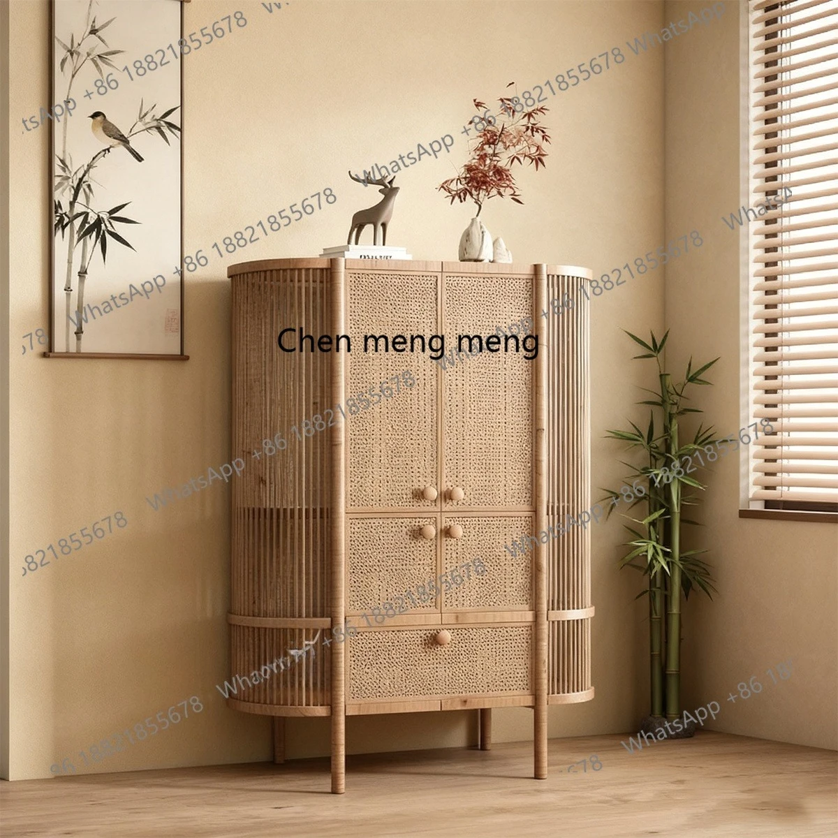 

Grid Solid Wood Storage Rack Rattan Weaving Homestay Clubhouse Tea Room High Cabinet Curio Rack Simple Custom Model