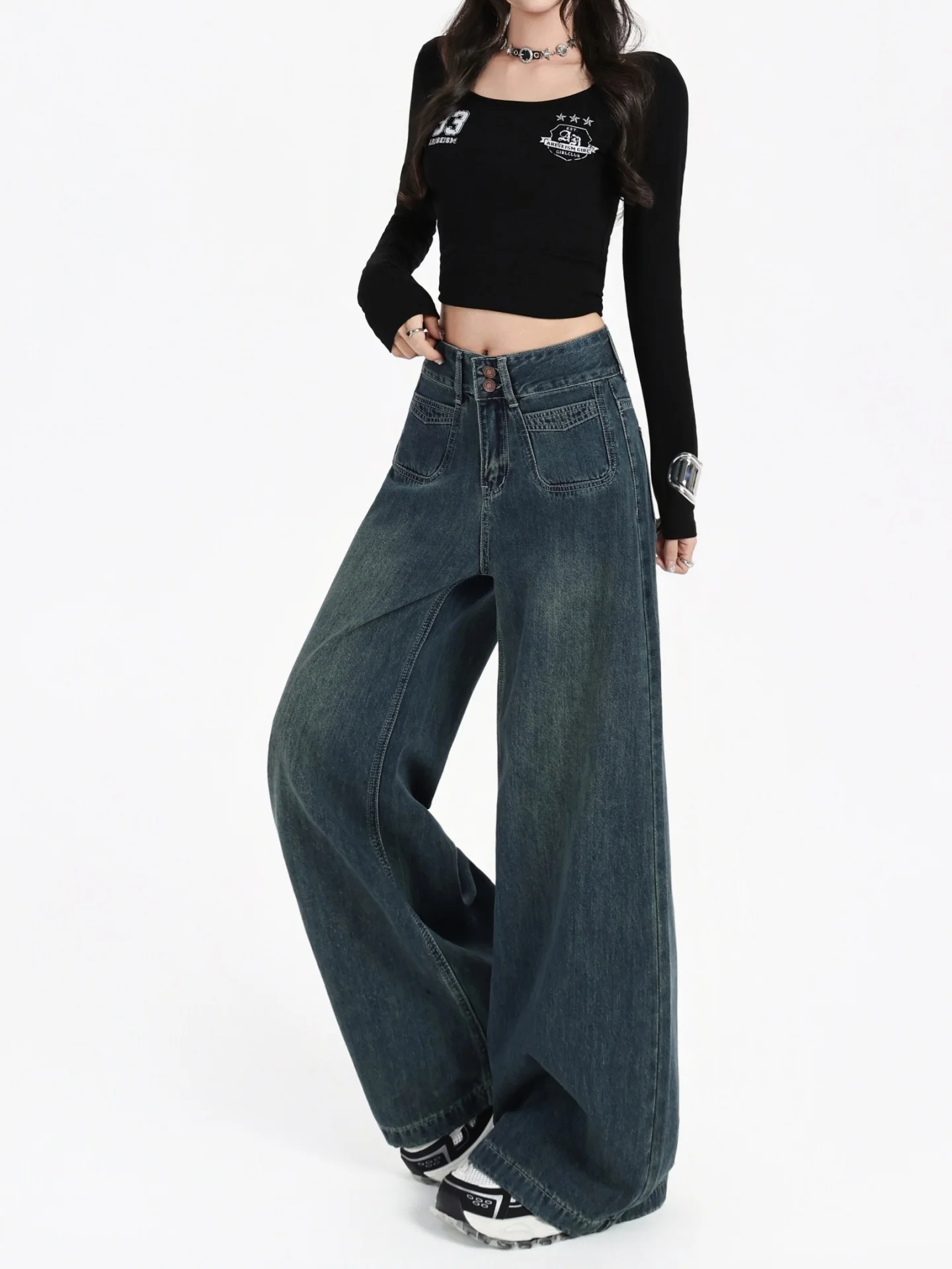 حجم كبير الجينز الأمريكي الرجعية النساء عالية الخصر فضفاضة مستقيم الساق الطابق طول السراويل مريحة تنفس لباس غير رسمي #4