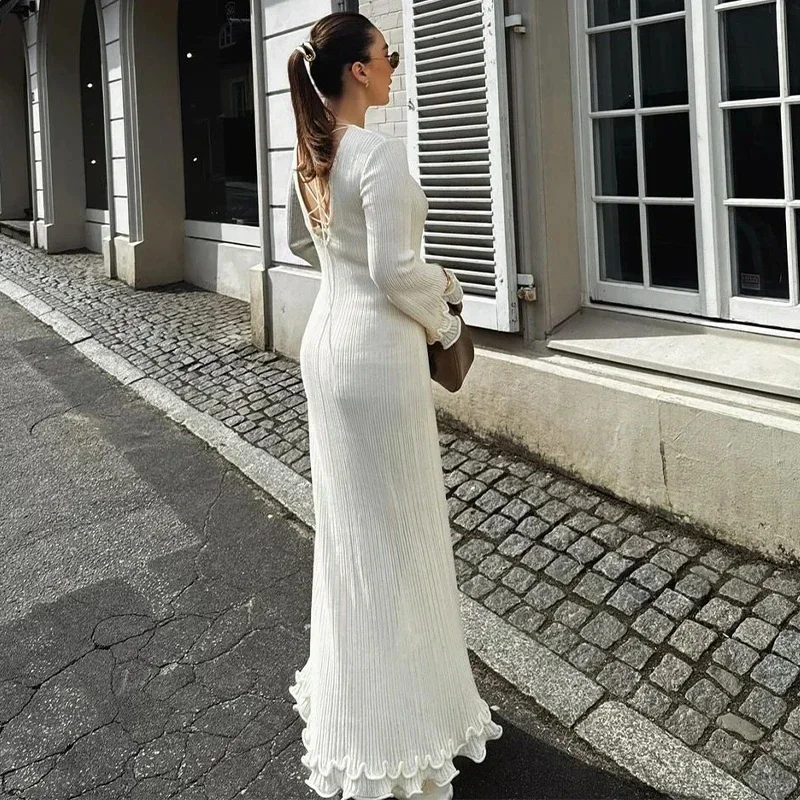 BWQ Flare Sleeve Round Neck White Maxi Dress Women Autumn Fashion Lace Up Elegant Long Dresses Female High Street Beach Robes