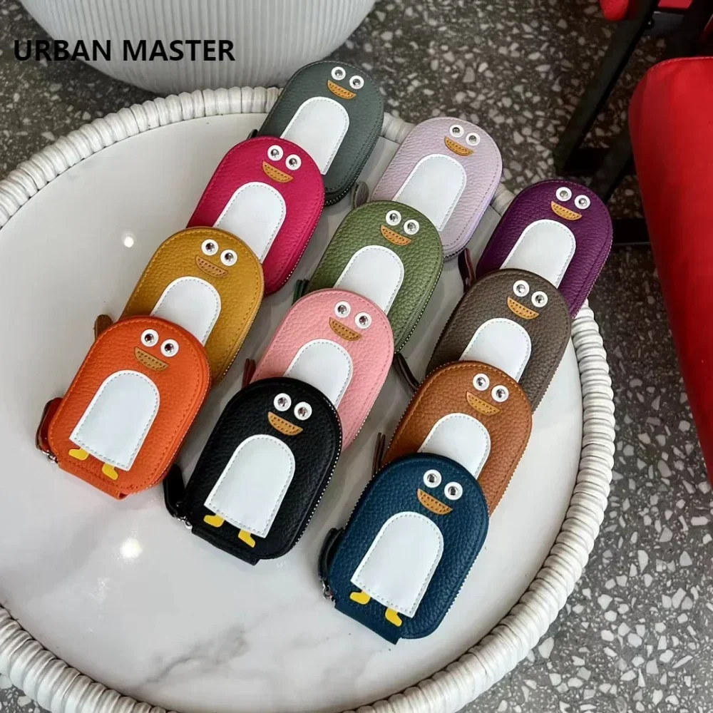 

URBAN MASTER Cowhide Small Penguin Shape Card Holder Coin Purse Cartoon Cute Genuine Cow Leather Zipper Purses Mini Wallet