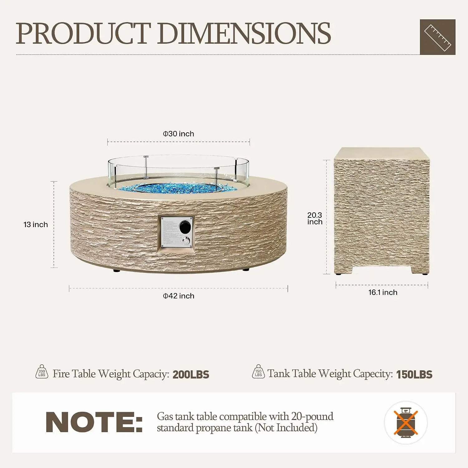 42-inch Outdoor Propane Gas Fire Pit Table 50000 BTU Concrete Round FirePit for Outside Patio with Propane Tank Cover, Wind Guar