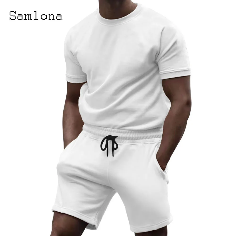 Mens Casual Sports Two Piece Sets 2024 Short Sleeve Basic Tops and Elastic Waist Running Shorts Suit Male Beach Tracksuits Set