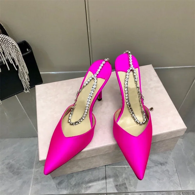 

Summer new high heel sandals silk sequined rhinestone chain high heels pointed toe stiletto fashion wedding shoes