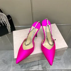 Summer new high heel sandals silk sequined rhinestone chain high heels pointed toe stiletto fashion wedding shoes