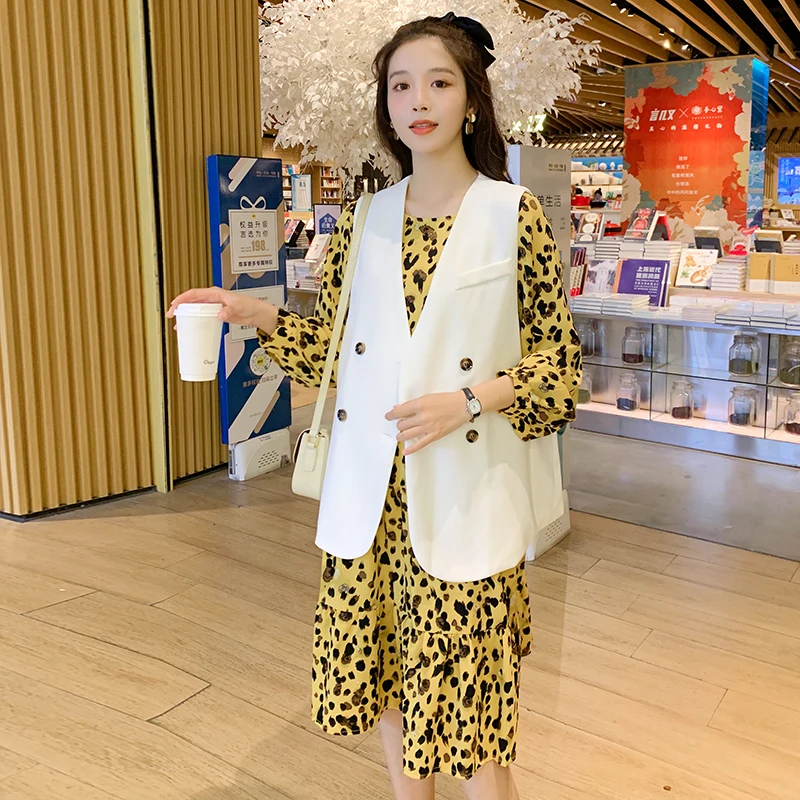 Mode Mutterschaft Kleid Anzüge Gelb Leopard Gedruckt Kleid Weiß Weste Jacke Twinset Plus Größe Schwangere frauen Kleidung Set Nette