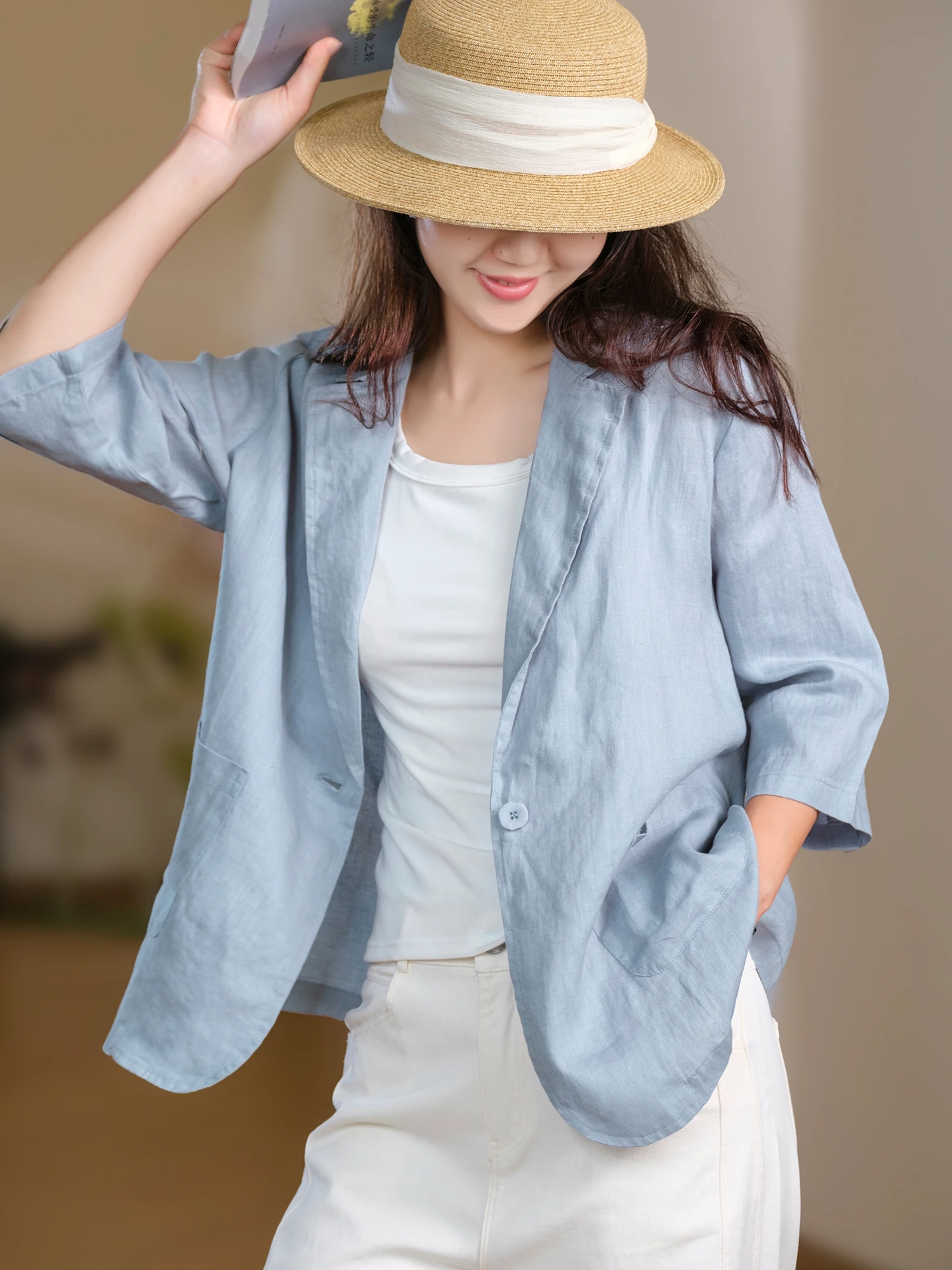 

Slimming Effect Linen Jacket Loose Fit with Stitching One Button Design Comfortable Outerwear for Women Commute Style