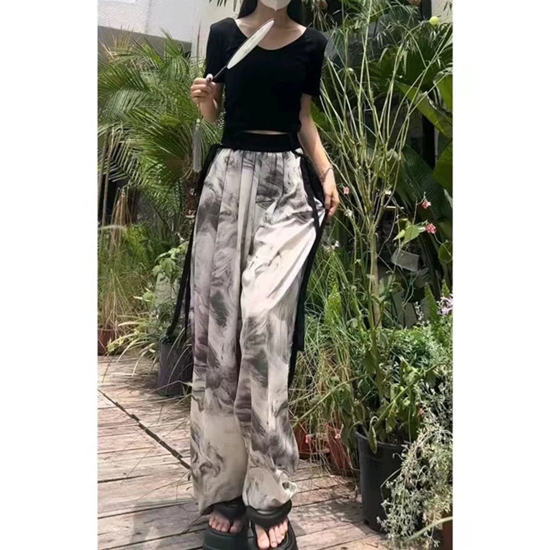 Pantaloni a gamba larga in Chiffon di seta di ghiaccio Oversize larghi sottili a vita alta drappeggiati pantaloni dritti stile cinese Casual tutti i pantaloni abbinati nuovo