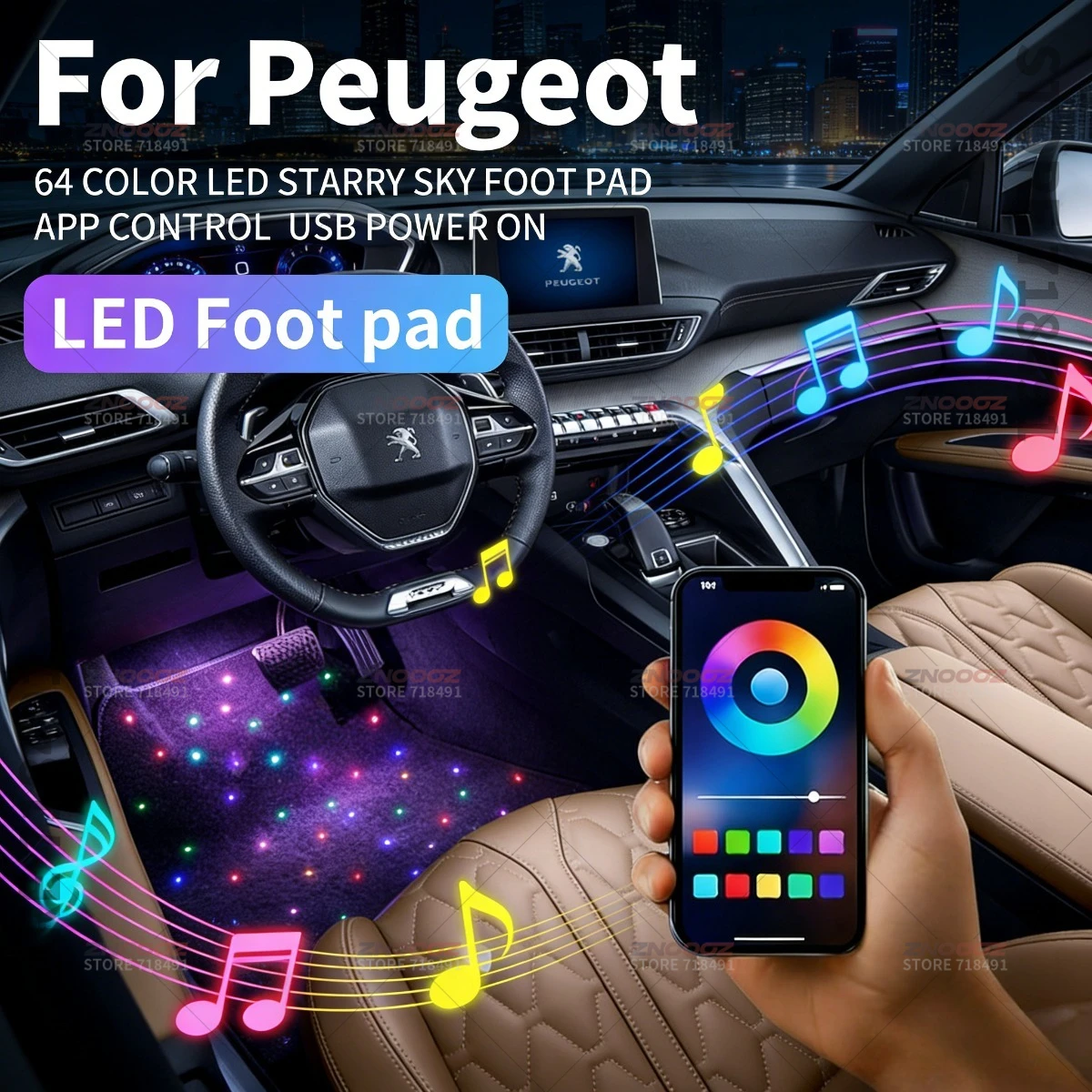 For Peugeot 108 208 308 408 508 2008 3008 5008 Rifter Traveller USB Car LED Starry Sky Foot Mat DIY Can Be Cut