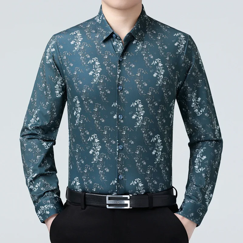 Men Long-sleeved Shirt Spring Autumn Business Casual Middle-aged Shirt Silk Pattern Top