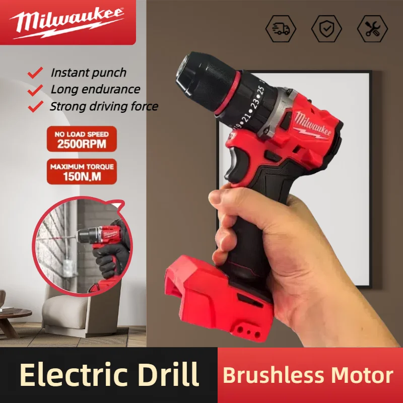 

Milwaukee Cordless Impact Drill 150N.m Brushless Electric Drill 20+3 Torque Small Drill Hammer Multifunctional Power Tools