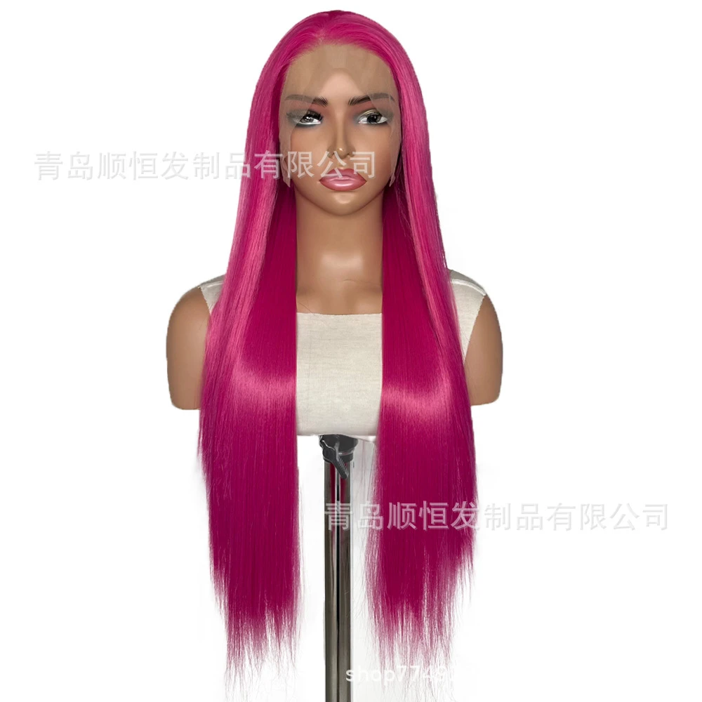 باروكة أوروبية وأمريكية، دانتيل أمامي، شعر مستقيم طويل أحمر وردي، مناسب للعب الأدوار للنساء اليوميات