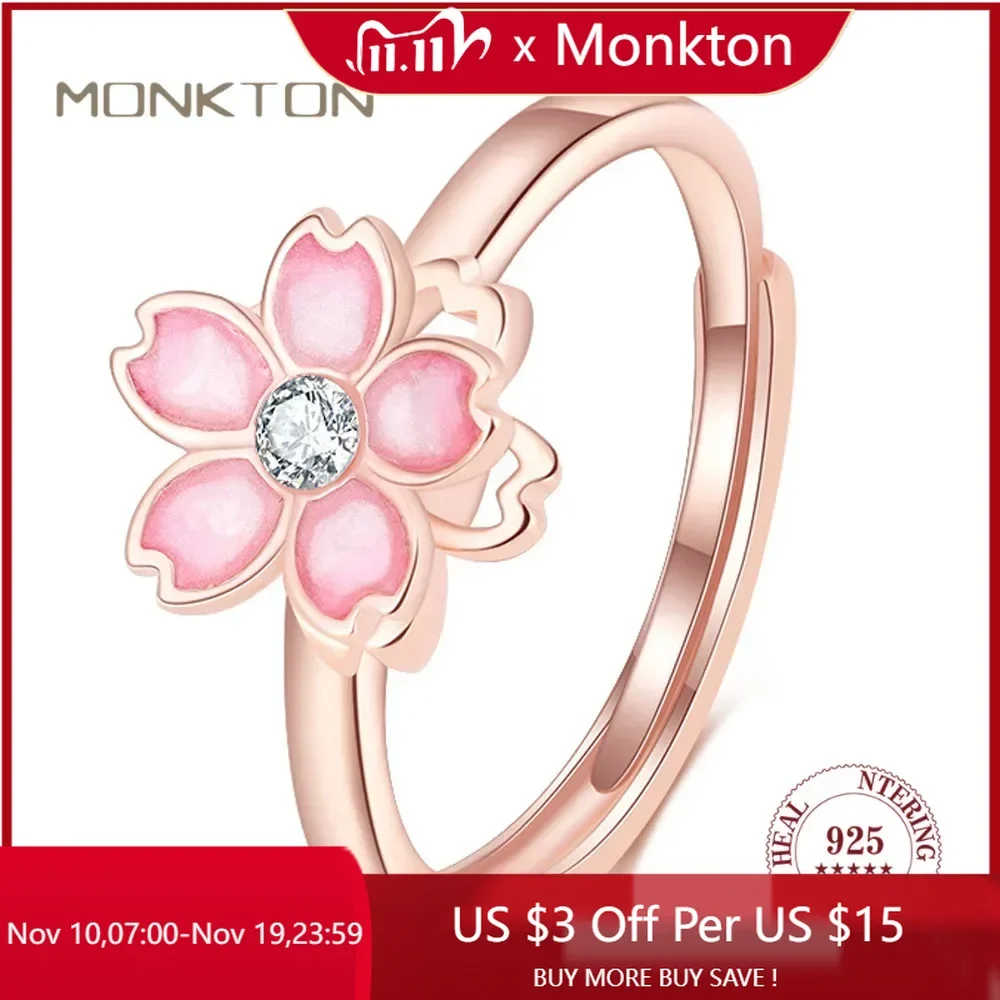

Monkton S925 Sterling Silver Pink Enamel Blossom Open Rings for Women Rose Gold Flower Bracelet Wedding Fine Jewelry Sets