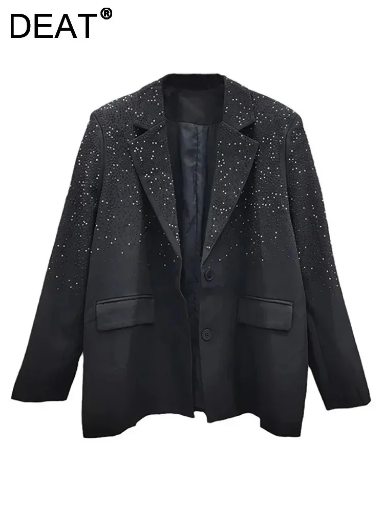 DEAT Women's Blazer Notched Collar Long Sleeves Full Diamonds Rhinestone Elegant Suit Jackets 2025 Spring New Fashion 29L7698