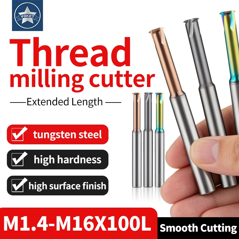 VOKET TAP Single Tooth Tungsten Steel Thread Milling Cutter CNC Internal Machining Tool M1.4 M1.6 M2 M2.5 M3 M4 M5-M16X100L Taps