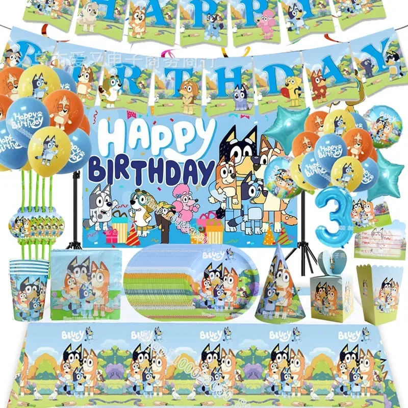 Bluey Bingo Birthday Party Decoration Baby Shower Pet Dog Tableware Supplie Kid Number Balloon Tablecloth Cake Topper Cup Gift