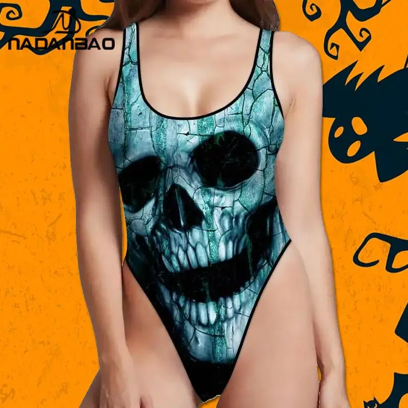 

NADANBAO Halloween Skull Women Print Bathing Suit Bodysuit Swimwear Surfing Swimming Beachwear