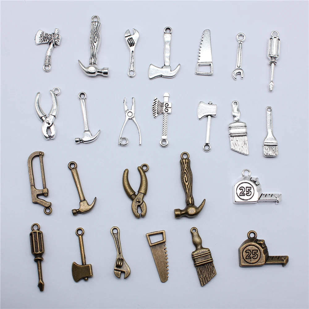 20 pçs ferramentas torno chave serra martelo machado chave de fenda encantos liga zinco pingente para diy charme gargantilha colar pulseira jóias
