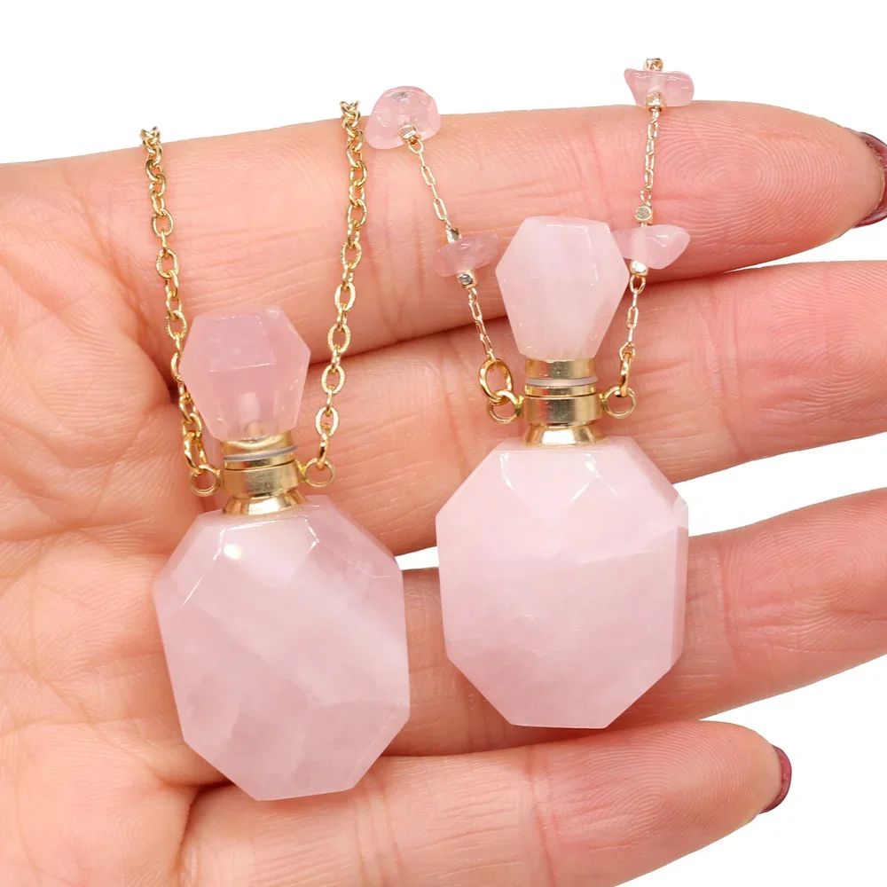 

Reiki Natural Stone Perfume Bottle Necklace Fashion Rose Quartz Pendant Charms For Elegant Women Love Romantic Gift 18x36x14mm