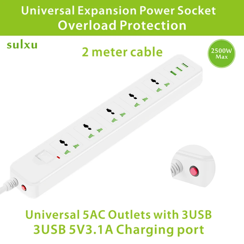 

Universal extension power socket with overload protection ，British 5AC Outlets with USB charging，Thailand American power strip