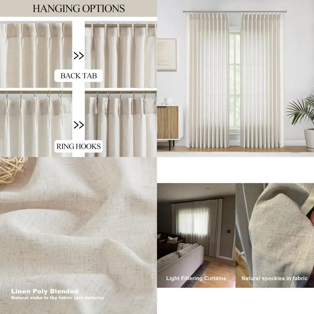 ستائر شبه شفافة من مزيج الكتان المزخرف، 95 طولًا، لمساحات المعيشة، 60 عريضة، مع خطافات #1