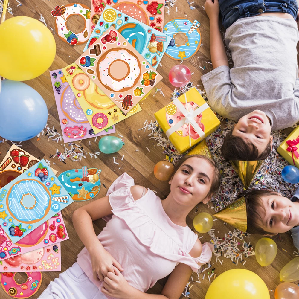 Juego de pegatinas de rompecabezas de donuts para niños, juguetes educativos para fiesta de cumpleaños, regalo de fiesta, 9 o 18 hojas