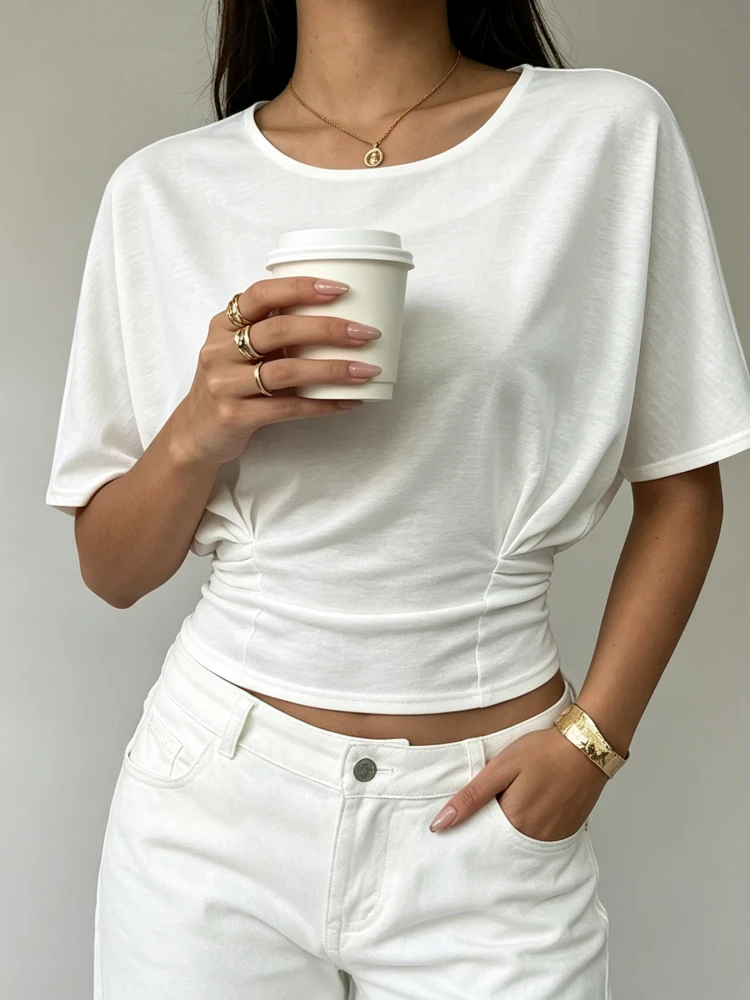 Chic Women White Crew Neck Batwing Short Sleeve T-shirt, Side Ruched Waist Cropped Slim Top, Casual Loose Fit Street Crop Blouse