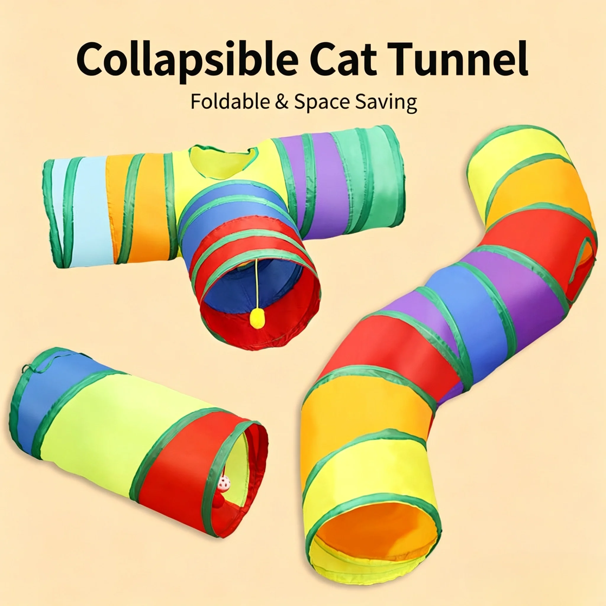 Foldable Rainbow Cat Tunnel Multi Channel Interactive Play Tube with Hanging Ball, Collapsible Hideaway Toy for Kittens Puppies