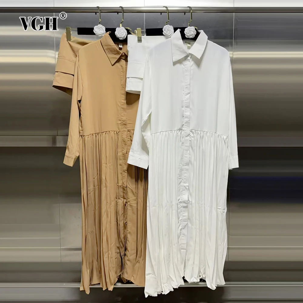 

VGH Solid Patchwork Belt Elegant Dresses For Women Lapel Long Sleeve High Waist Spliced Single Breasted Loose Dress Female New