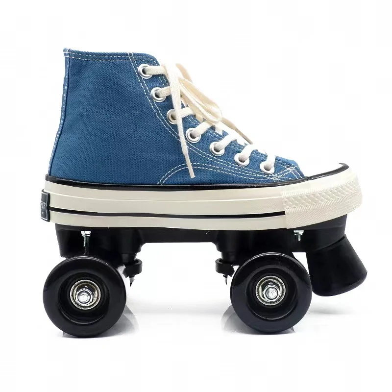 Double-Row Roller Skates for Adults, High-Top, Classic Canvas, Quad Skating Sneakers, Four-Wheel, Leisure Flash 4 Wheels