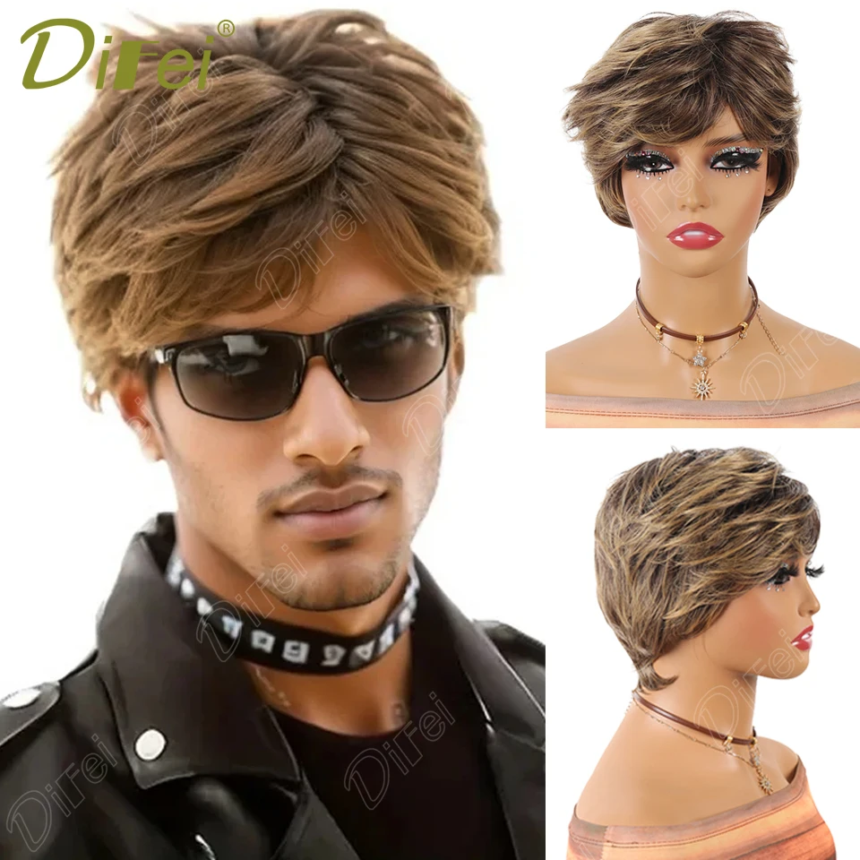 

DIFEI Highlight Dyed Elf Hair Synthetic Wig Unisex Wig Fluffy Short Straight Wig Suitable for Women to Wear on Daily Holidays