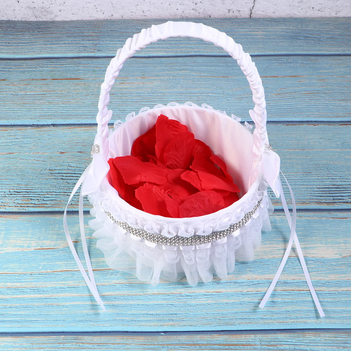 

Round Rhinestone Flower Basket Elegant Bowknot Wedding Basket for Flower Girl Ceremony Portable Lightweight Western Style