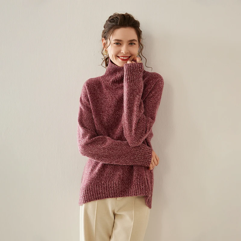 Autumn and Winter New Collection (100% Cashmere) Women's High End Cashmere Sweater with High Collar and Large Size Flower Yarn C