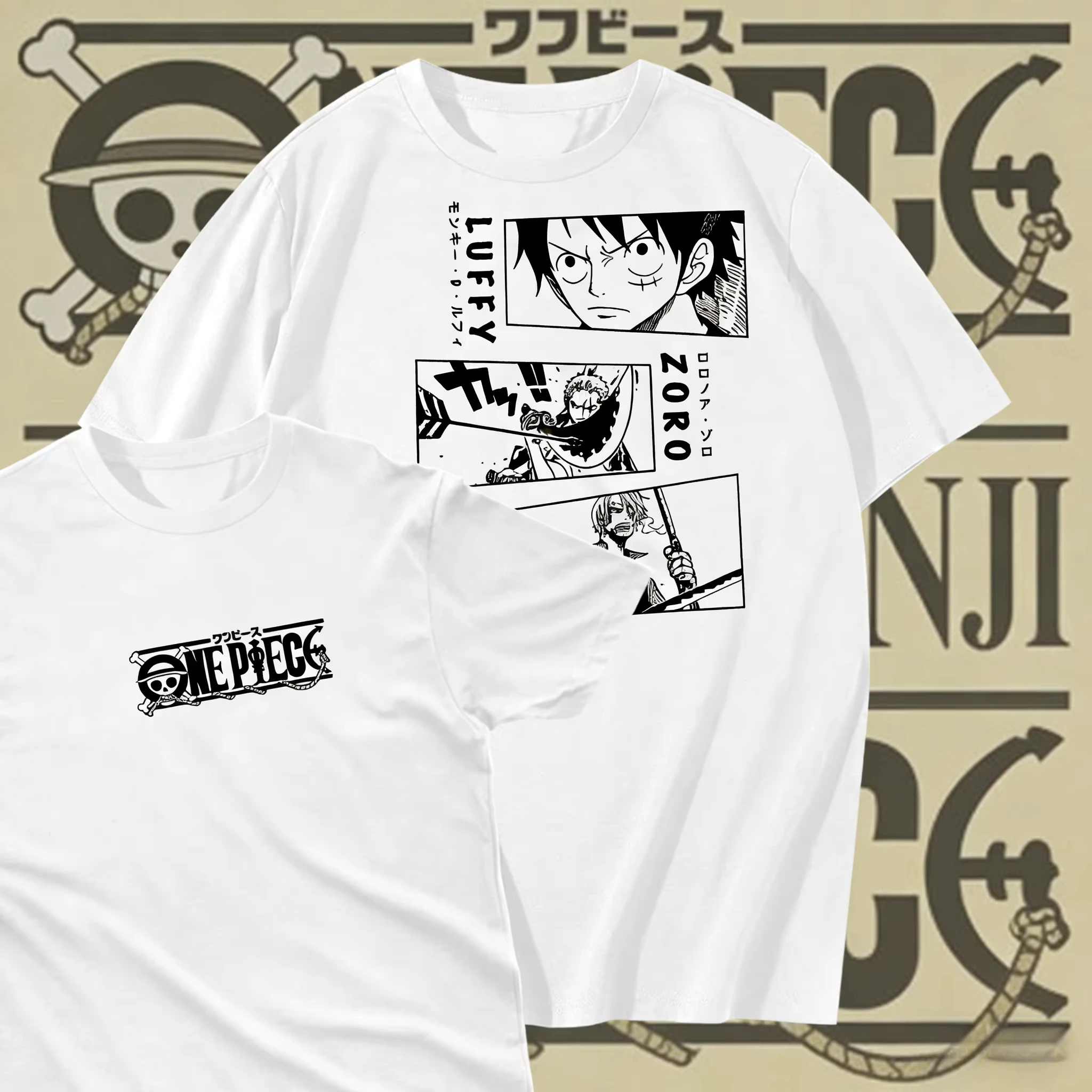 2026 Summer One Piece Luffy Zoro Sanji Manga Panel Retro Cotton Print T-Shirt Men and Women Breathable Tee Short Sleeve Top Y2k