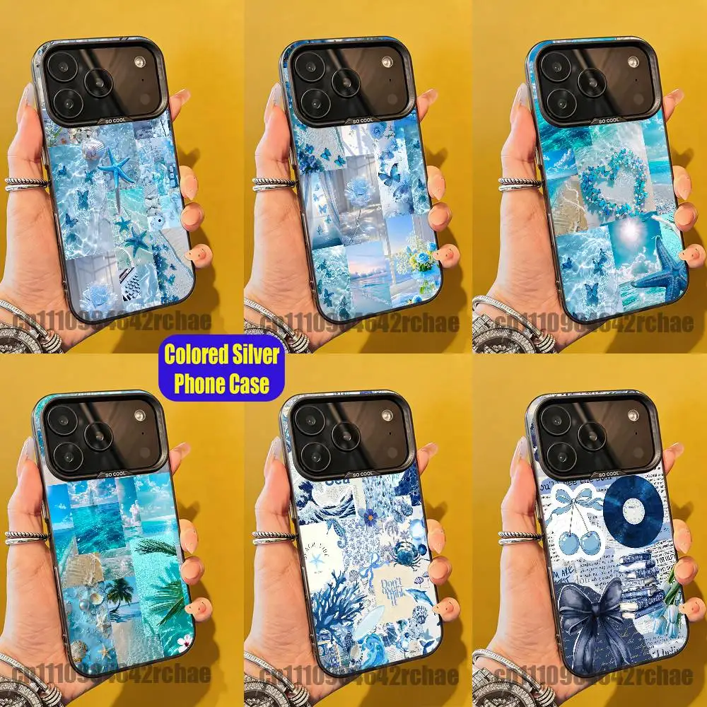 For Blue Sea Art Collage Vintage Asthetic Phone Case iPhone 15,17,11,14,13,16,12,E,Max,Plus,Air,Pro,Mini Color Silver Cover