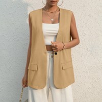 Fashion Design Suit Vest Lady Vintage V-neck Work Casual Loose Waistcoat Solid Color Single Button Sleeveless Thin Blazer Jacket