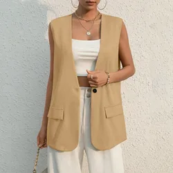 Fashion Design Suit Vest Lady Vintage V-neck Work Casual Loose Waistcoat Solid Color Single Button Sleeveless Thin Blazer Jacket