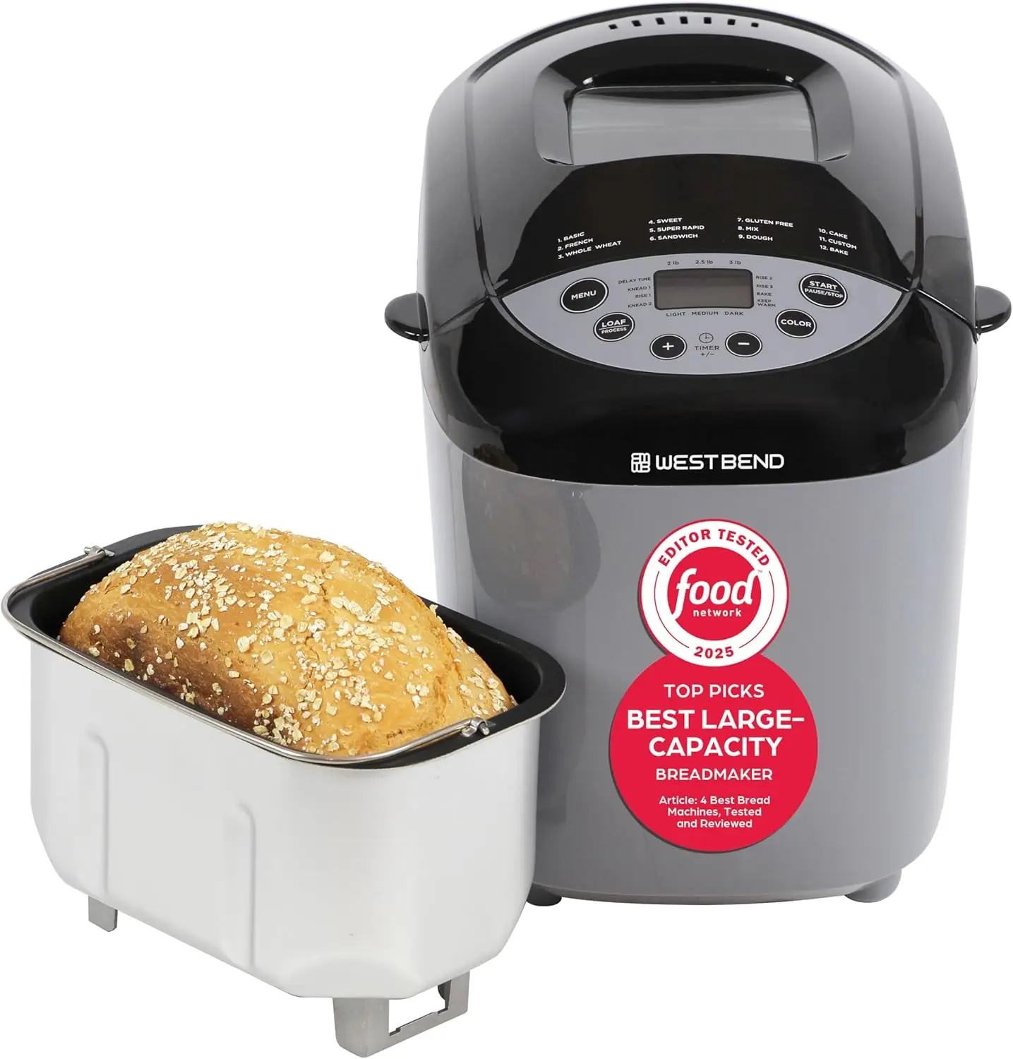 

Hi-Rise Bread Maker with 12 Programs, Gluten Free, 3 Loaf Sizes, Crust Colors, Dual Knead Blades, Horizontal Pan, 3-Lb, Gray