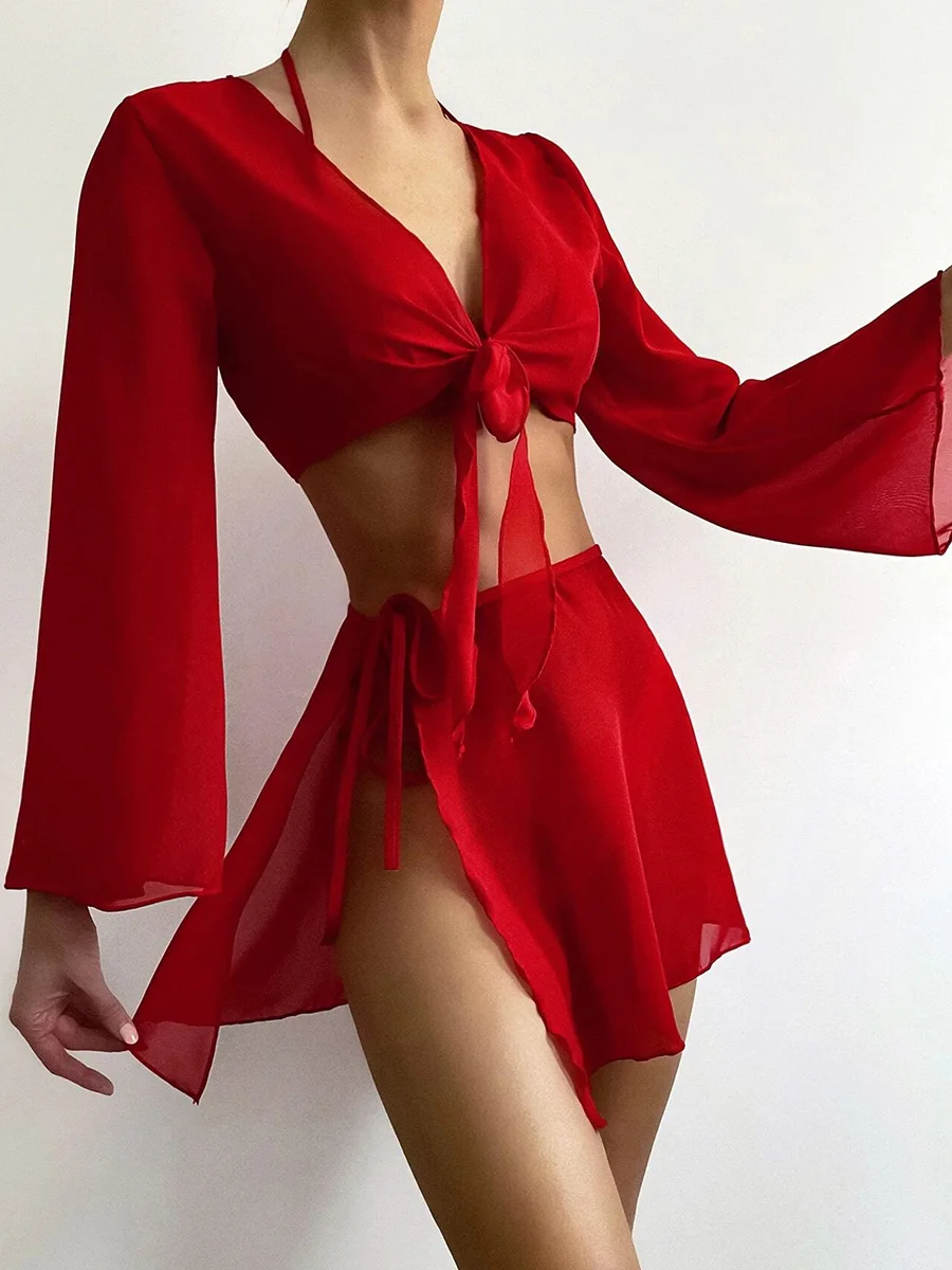 4PCS with Mesh Sarong Cover Up Long Sleeve Bikini Female Swimsuit Women Swimwear Four-pieces Bikini Bathing Suit Swim Beachwear