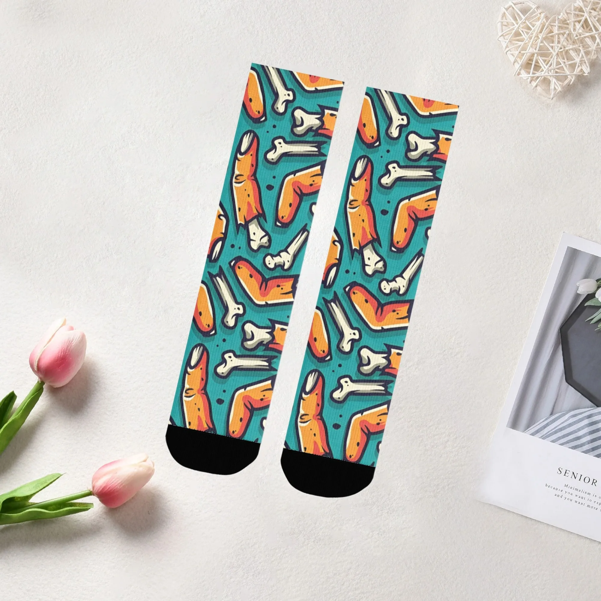 

Забавные удобные компрессионные носки в стиле ретро, бирюзовый цвет, мягкая дышащая ткань с принтами сломанных костей, противоскользящие для повседневного ношения