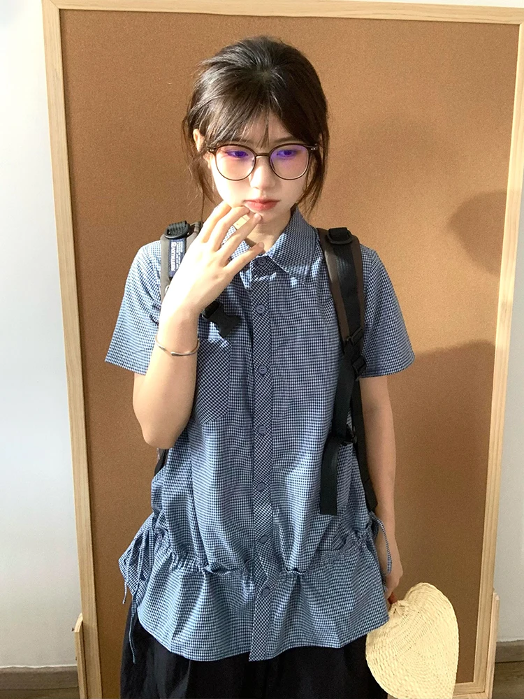 

Blue Plaid ort Sve Women's irt Summer Dstring Waist Gathered Lace Trim Loose Casual School Sle Top Street Faion