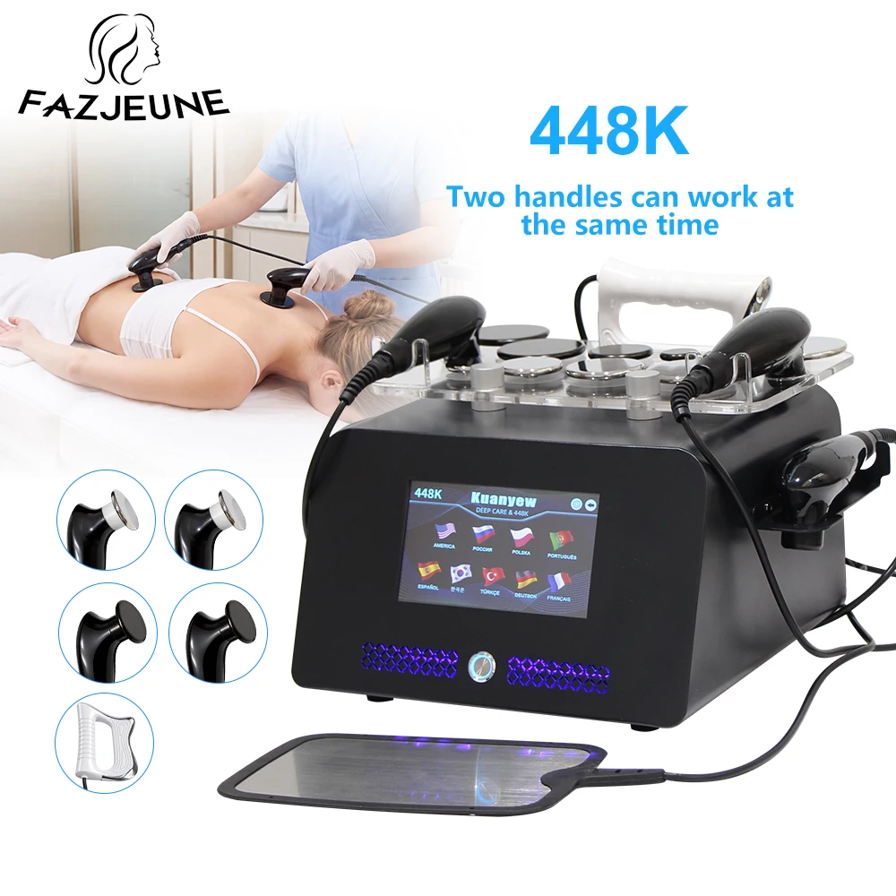 Appareil de thérapie Tecar 448KHz, Appareil de physiothérapie CET RET, Appareil de remodelage corporel, Appareil de raffermissement cutané, Appareil de massage pour le visage, Appareil de beauté pour la perte de poids, Nouveau modèle de masseur pour le soulagement de la douleur, la réduction de la graisse et le raffermissement cutané avec 4 poignées