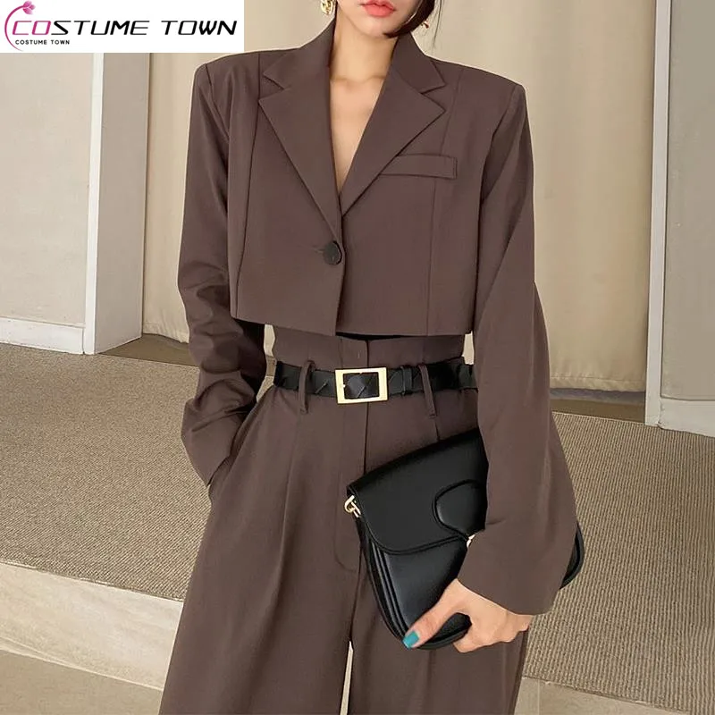 

Spring and Autumn New Korean Vintage Lapel Loose Short One-button Suit Coat High Waist Long Wide Leg Trousers Two-piece Suit