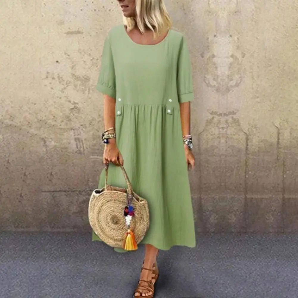 Women Dress Loose Fit Mid Length Dress Double Pockets Button Decoration Round Neck Short Sleeve Boho Style Summer Dress Workwear