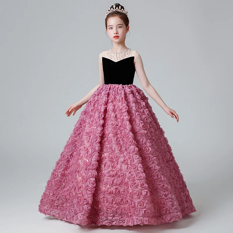 Robe de princesse rose pour filles, tenue de Rh, tutu, motif floral, pour fête d'anniversaire, mariage, vêtements éducatifs pour enfants, 2024