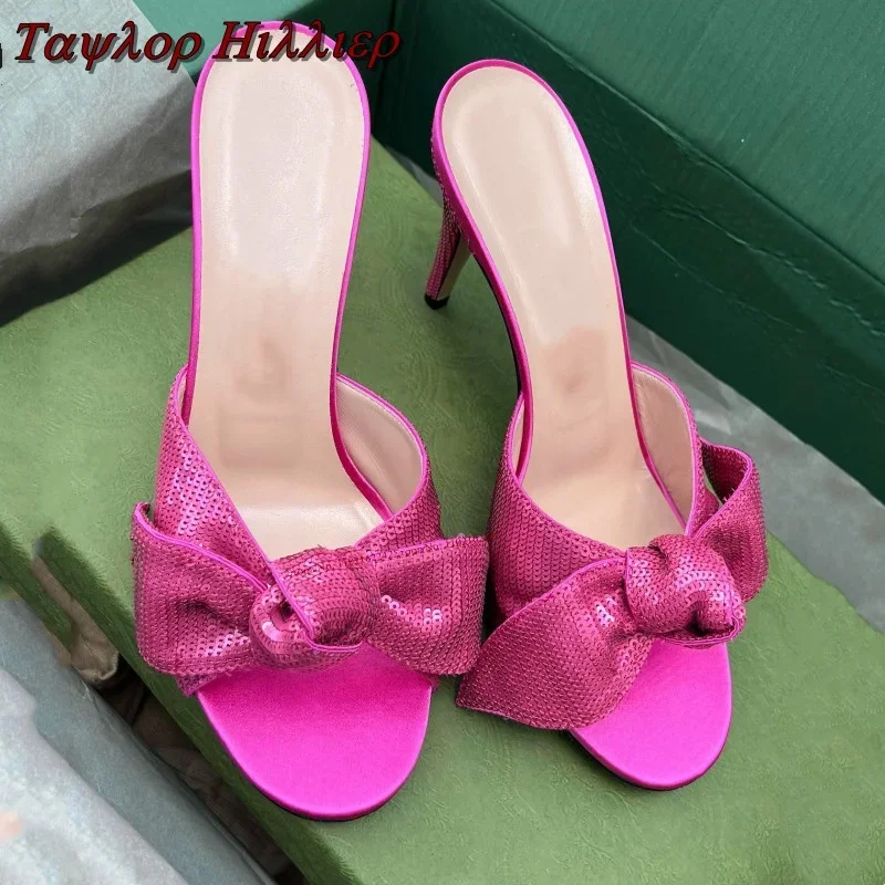 

Summer New Bow Rose Red High-Heeled Shoes Blingbling Round Toe Stiletto Sexy Banquet Party Fashion Catwalk Sandals Women'S Shoes