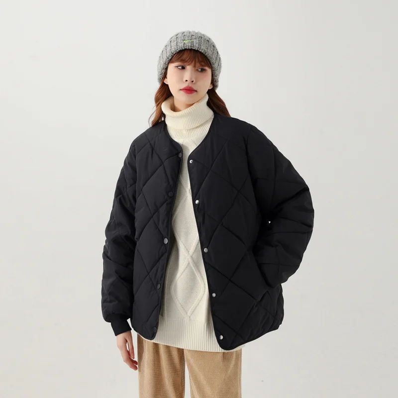 Short Women's Round Neck Light Cotton Jacket 2025 New Style No Collar Seam Cotton Jacket Autumn and Winter Warm Jacket