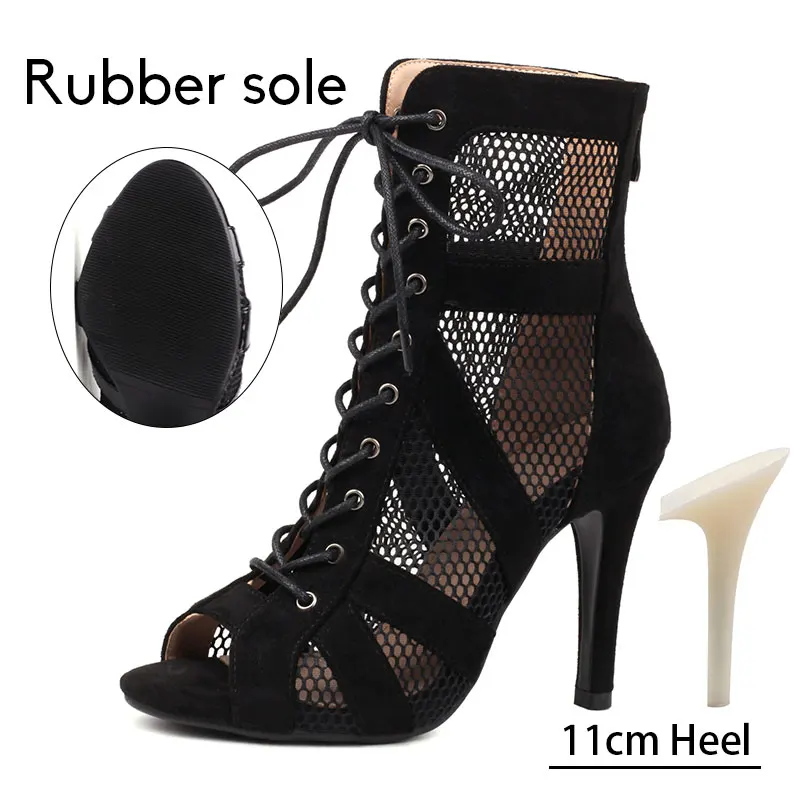 Women Latin Dance Shoes Black Boots High-Top High Heels Salsa Sandals Mesh Tango Boots Ladies Woman Party Ballroom Dance Shoes