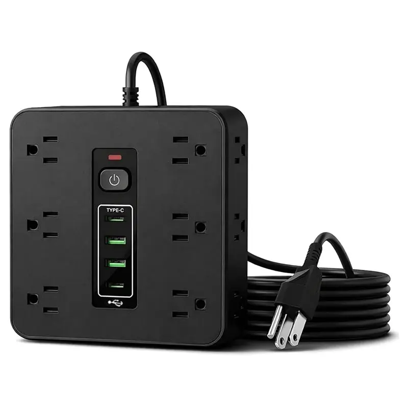 

Универсальный сетевой фильтр-удлинитель (16-в-1) с 12 розетками переменного тока, 2 портами USB-C, 2 портами USB-A, вилкой стандарта США, выключателем и защитой от перенапряжения, плоский шнур 2 м.