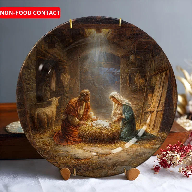 1pc Christmas Ceramic Decorative Plate - Hand-Painted Nativity Scene with Mary, Joseph, in Manger, Non-Food Contact, Round